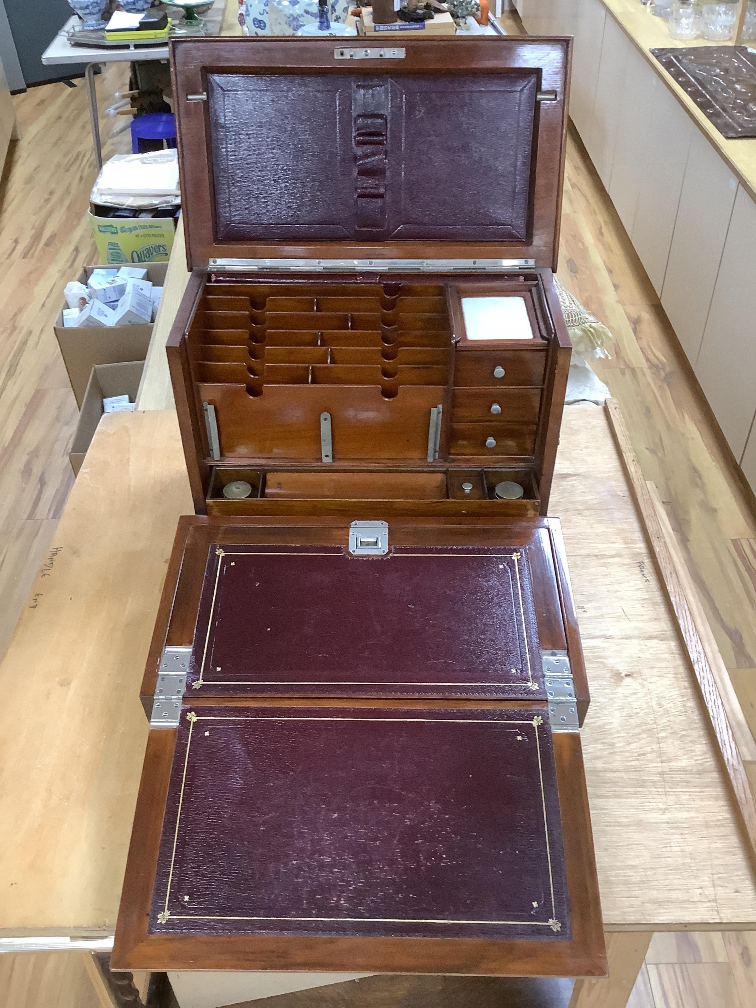 A Victorian burr walnut travelling stationery compendium combined with writing slope, 43cm wide. Condition - fair